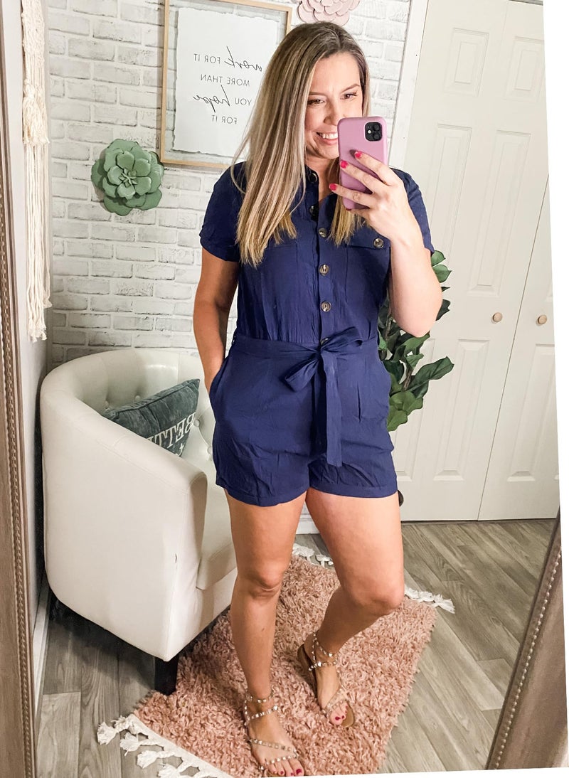 GRAPENT Women's Navy Blue Summer Casual Short Sleeves Button Down Pocket Belted Jumpsuits Rompers Size Large (Fits US 12-14) - Image 3